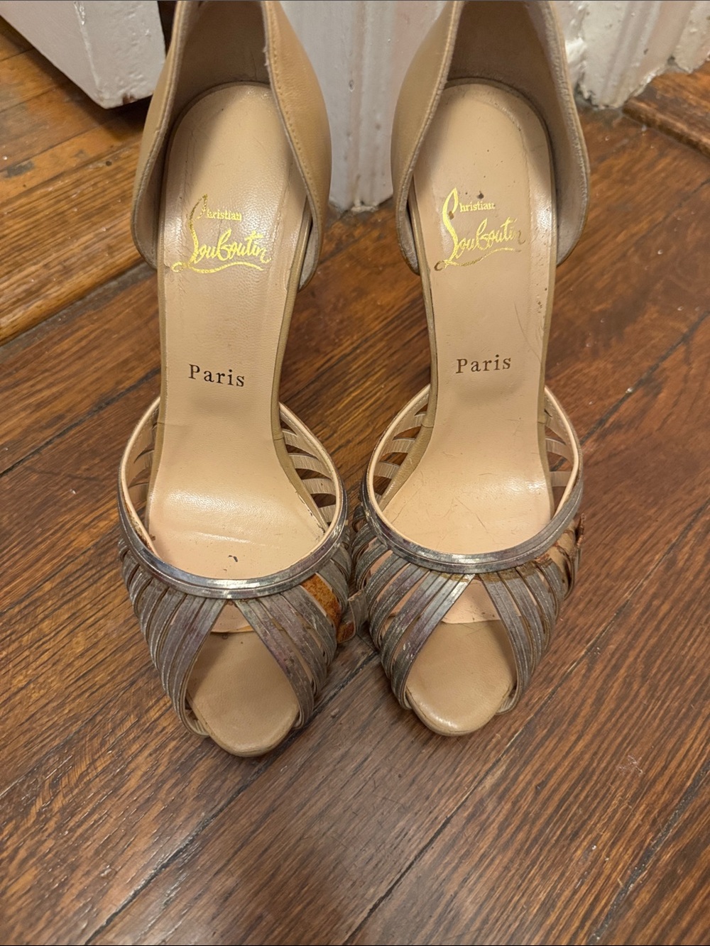 Christian Louboutin Nude and Metallic Strappy Peep-Toe Heels